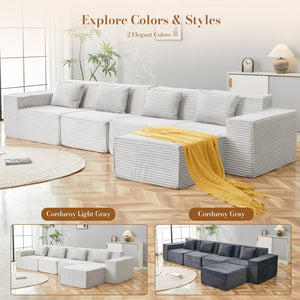 English Elm L-shaped Modular Sectional with Ottoman Corduroy Upholstery Four Seat Living Room Sofa Light Gray W2699S00093