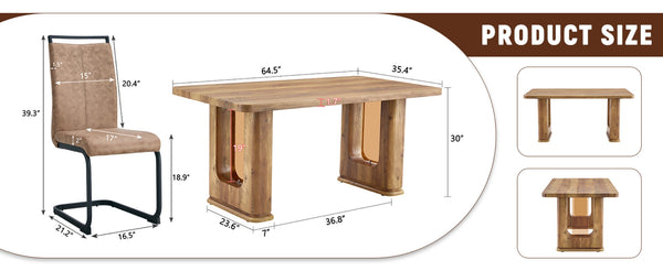 English Elm Table And Chair Set - Modern 64.5" Wood-Textured Dining Table With 6 Stylish Brown Chairs Included W1151S03585-GIGA