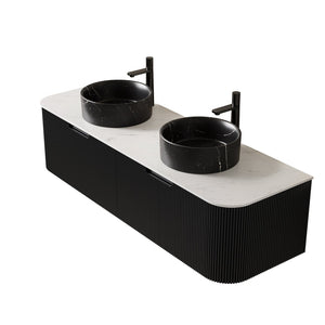 English Elm Dina 60 Inch Floating Bathroom Vanity Sintered Stone Top Dual Glass Basins Wood Grain Black,Carrara White W2615S00707