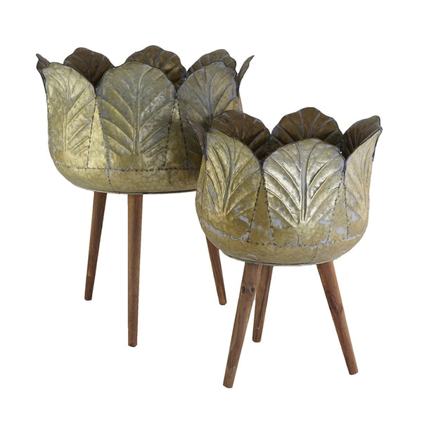 English Elm Set of 2 Distressed Zinc Planters with Tapered Fir Legs Vintage Industrial Style W2078P498308