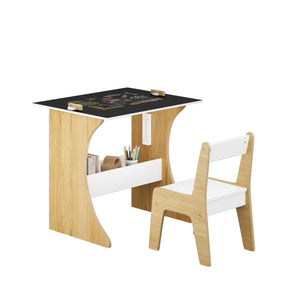 English Elm Kids Multifunctional Table Set with Chair, Convertible MDF Top for Study Drawing Play, White Natural Finish W808P293817