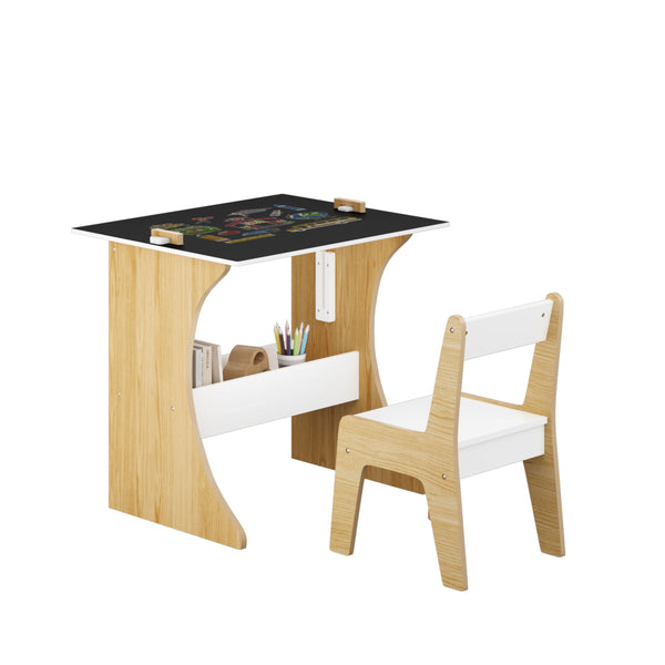 English Elm Kids Multifunctional Table Set with Chair, Convertible MDF Top for Study Drawing Play, White Natural Finish W808P293817