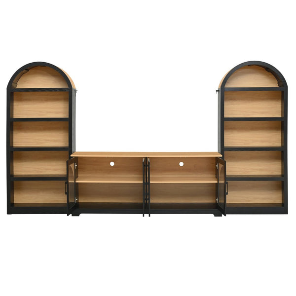 English Elm 3-piece Farmhouse Entertainment Center with Arched Glass Doors and Open Tower Shelving Black N721S000070B