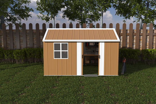 English Elm 12x10 Galvanized Steel Outdoor Storage Shed Weatherproof Backyard Garden Tool Organizer W2700S00063