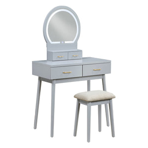 English Elm Beautiful LED Vanity Dresser with Touch Mirror and Padded Stool, Luxe Wood Finish, Brass Pulls, Storage Gray 33.75 L x 21.75 W x 13.25 H B011P347849