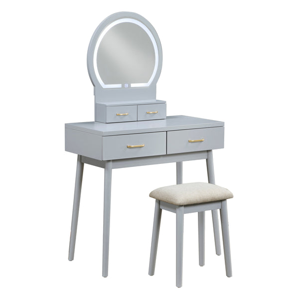English Elm Beautiful LED Vanity Dresser with Touch Mirror and Padded Stool, Luxe Wood Finish, Brass Pulls, Storage Gray 33.75 L x 21.75 W x 13.25 H B011P347849