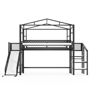 English Elm Twin Metal Loft Bed with Built-in Wardrobe Storage Stairs Led Lights and Usb Ports W5316S00045