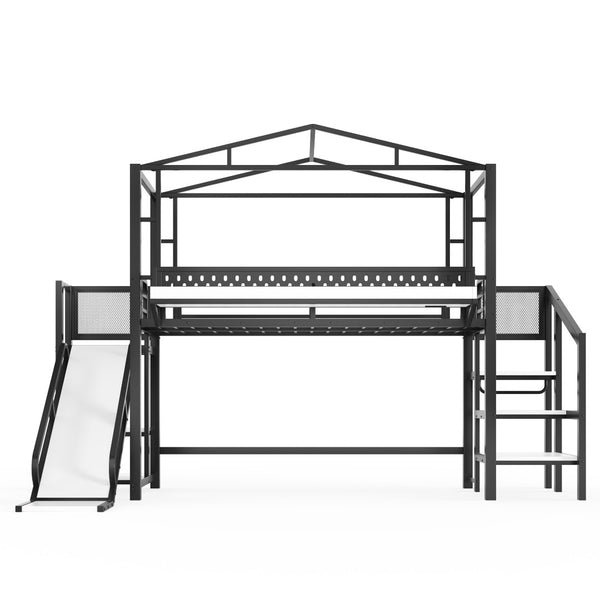 English Elm Twin Metal Loft Bed with Built-in Wardrobe Storage Stairs Led Lights and Usb Ports W5316S00045