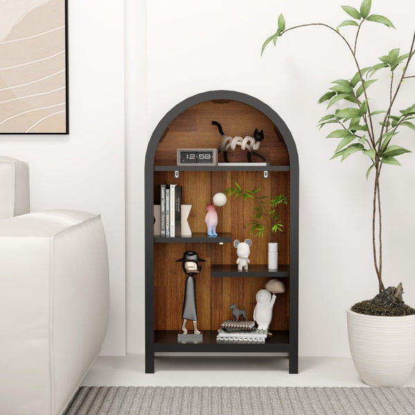English Elm 4-tier Arched Freestanding Bookcase with Lattice Doors Open Display and Cabinet Storage W3123P485378