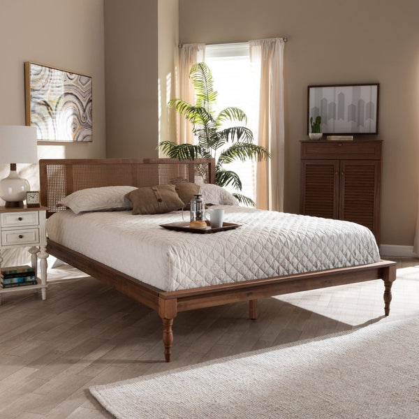 Baxton Studio Baxton Studio Vintage French-Inspired Platform Bed with Synthetic Rattan and Warm Walnut Finish Romy Queen MG0005-Ash Walnut Rattan-Queen