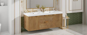 English Elm [video]59.3 Inch Wall Mounted Double Sink Vanity Wood Grain Mdf Soft Close Storage N729P000027N