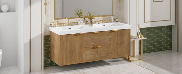 English Elm [video]59.3 Inch Wall Mounted Double Sink Vanity Wood Grain Mdf Soft Close Storage N729P000027N