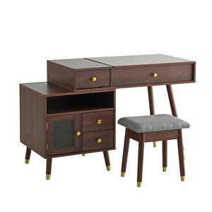 English Elm 3-in-1 Vanity Desk with LED Flip Mirror, Compact Makeup/Dressing Table with Storage Drawers & Stool Walnut N844P291656W