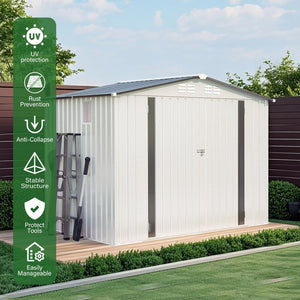 English Elm 8x6 Galvanized Steel Outdoor Storage Shed with Pitched Roof Lockable Doors and Window W3213S00007