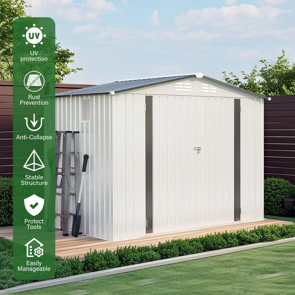 English Elm 8x6 Galvanized Steel Outdoor Storage Shed with Pitched Roof Lockable Doors and Window W3213S00007