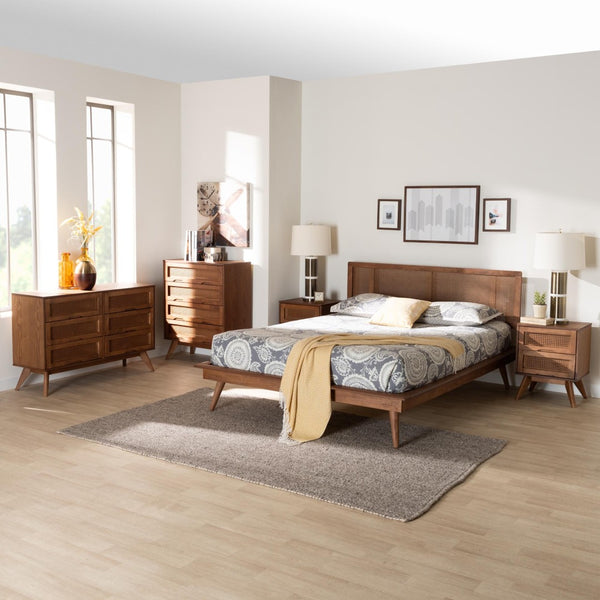 Baxton Studio Baxton Studio Nura Mid-Century 5-Piece Bedroom Set in Walnut Brown with Rattan Accents & Storage Nura-Ash Walnut Rattan-Queen 5PC Bedroom Set