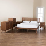 Baxton Studio Nura Mid-Century Modern Walnut Brown Finished Wood and Rattan Full Size 5-Piece Bedroom Set