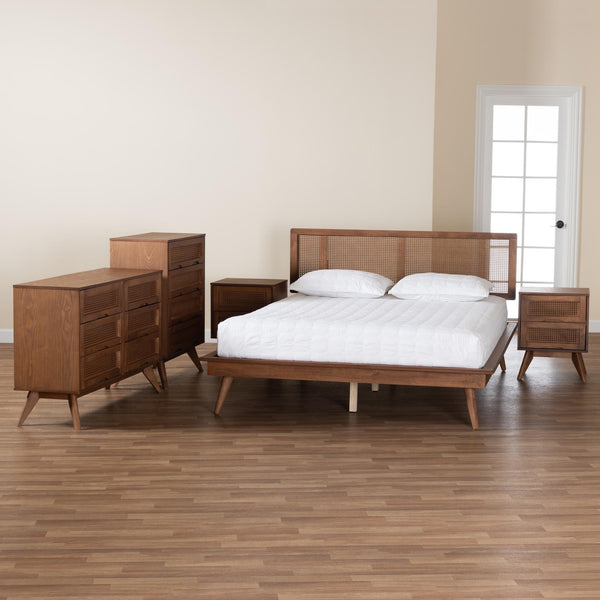 Baxton Studio Nura Mid-Century Modern Walnut Brown Finished Wood and Rattan King Size 5-Piece Bedroom Set