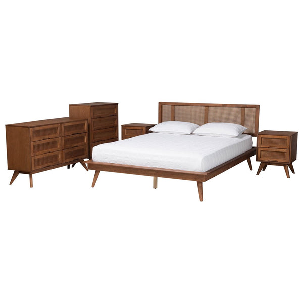 Baxton Studio Baxton Studio Nura Mid-Century Bedroom Set in Walnut Brown with Elegant Rattan Accents & Storage Solutions King 5-Piece Nura-Ash Walnut Rattan-King 5PC Bedroom Set