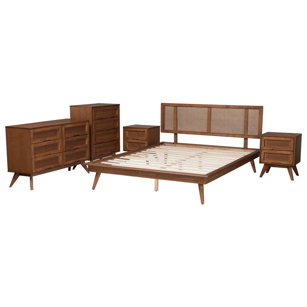 Baxton Studio Baxton Studio Nura Mid-Century 5-Piece Bedroom Set in Walnut Brown with Rattan Accents & Storage Nura-Ash Walnut Rattan-Queen 5PC Bedroom Set