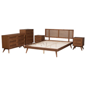 Baxton Studio Baxton Studio Nura Mid-Century Bedroom Set in Walnut Brown with Elegant Rattan Accents & Storage Solutions King 5-Piece Nura-Ash Walnut Rattan-King 5PC Bedroom Set