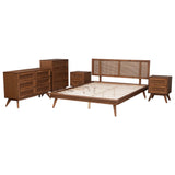 Baxton Studio Nura Mid-Century Modern Walnut Brown Finished Wood and Rattan Full Size 5-Piece Bedroom Set