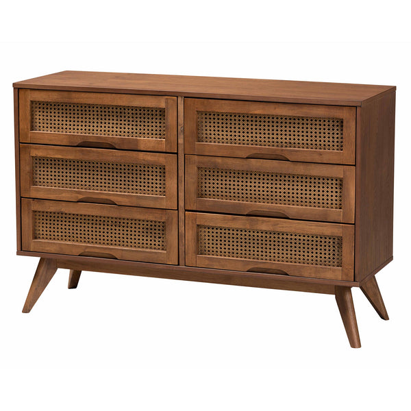 Baxton Studio Nura Mid-Century Modern Walnut Brown Finished Wood and Rattan King Size 5-Piece Bedroom Set