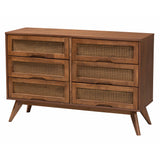 Baxton Studio Nura Mid-Century Modern Walnut Brown Finished Wood and Rattan Queen Size 5-Piece Bedroom Set