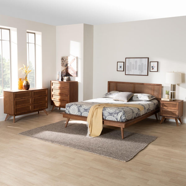Baxton Studio Baxton Studio Mid-Century Modern 3-Piece Bedroom Set with Walnut Finish and Rattan Accents Nura King Nura-Ash Walnut Rattan-King 4PC Bedroom Set