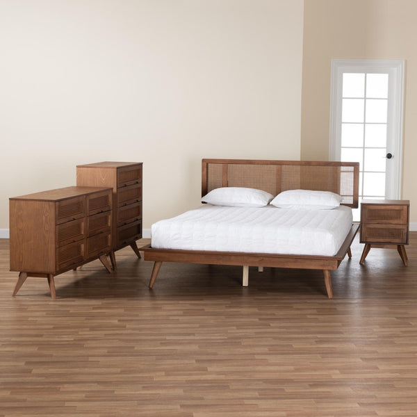 Baxton Studio Baxton Studio Mid-Century Modern 3-Piece Bedroom Set with Walnut Finish and Rattan Accents Nura King Nura-Ash Walnut Rattan-King 4PC Bedroom Set
