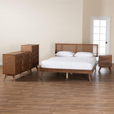 Baxton Studio Nura Mid-Century Modern Walnut Brown Finished Wood and Rattan Queen Size 4-Piece Bedroom Set