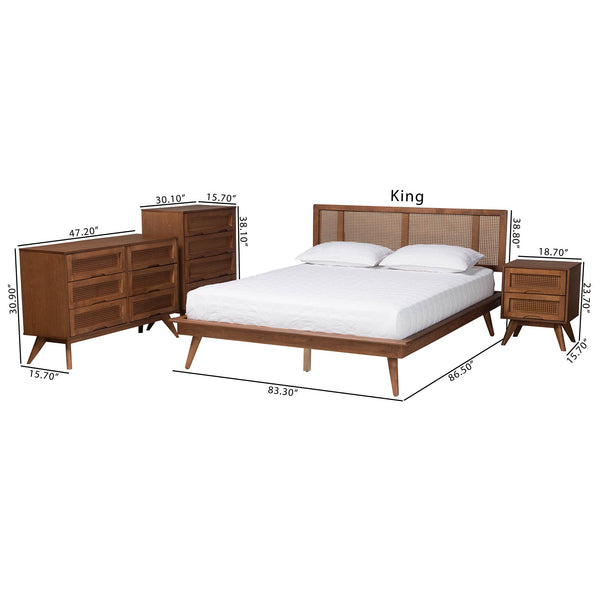 Baxton Studio Nura Mid-Century Modern Walnut Brown Finished Wood and Rattan King Size 4-Piece Bedroom Set