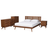 Baxton Studio Nura Mid-Century Modern Walnut Brown Finished Wood and Rattan King Size 4-Piece Bedroom Set