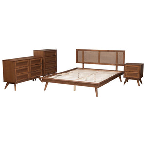 Baxton Studio Baxton Studio Mid-Century Modern 3-Piece Bedroom Set with Walnut Finish and Rattan Accents Nura King Nura-Ash Walnut Rattan-King 4PC Bedroom Set