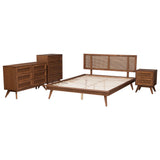 Baxton Studio Nura Mid-Century Modern Walnut Brown Finished Wood and Rattan King Size 4-Piece Bedroom Set