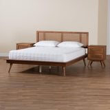 Baxton Studio Nura Mid-Century Modern Walnut Brown Finished Wood and Rattan Full Size 3-Piece Bedroom Set