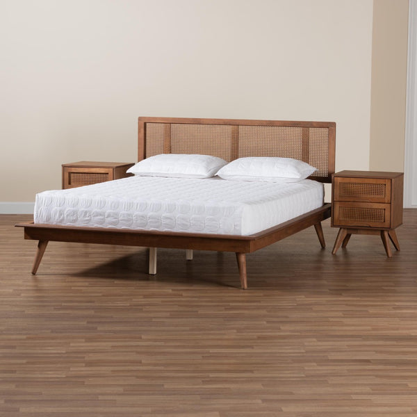 Baxton Studio Baxton Studio Nura Mid-Century Bedroom Set in Walnut Brown with Elegant Rattan Accents & Storage Solutions King 3-Piece Nura-Ash Walnut Rattan-King 3PC Bedroom Set