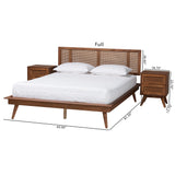 Baxton Studio Nura Mid-Century Modern Walnut Brown Finished Wood and Rattan King Size 3-Piece Bedroom Set