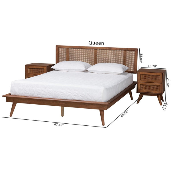 Baxton Studio Baxton Studio Mid-Century Modern 3-Piece Bedroom Set with Walnut Finish and Rattan Accents Nura Full 3-Piece Nura-Ash Walnut Rattan-Full 3PC Bedroom Set