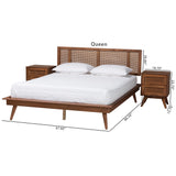 Baxton Studio Nura Mid-Century Modern Walnut Brown Finished Wood and Rattan King Size 3-Piece Bedroom Set