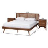 Baxton Studio Nura Mid-Century Modern Walnut Brown Finished Wood and Rattan Queen Size 3-Piece Bedroom Set