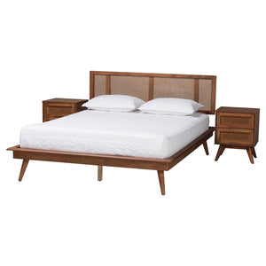 Baxton Studio Nura Mid-Century Modern Walnut Brown Finished Wood and Rattan Queen Size 3-Piece Bedroom Set