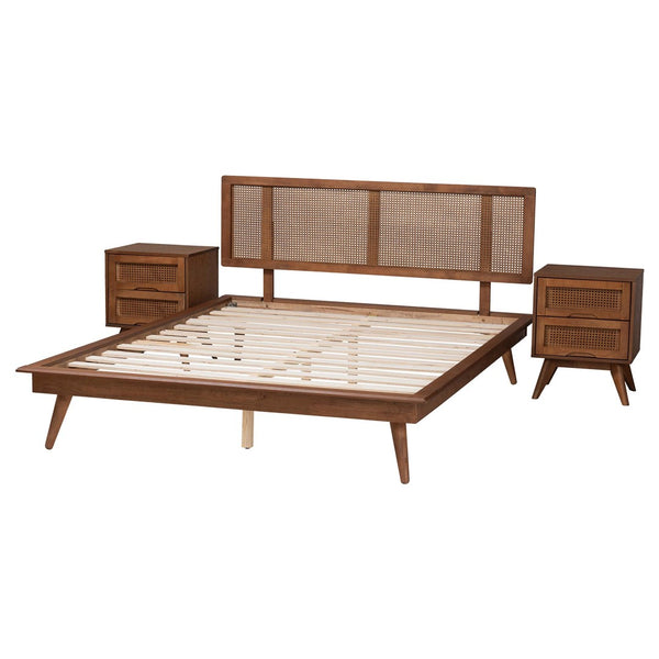 Baxton Studio Baxton Studio Nura Mid-Century Bedroom Set in Walnut Brown with Elegant Rattan Accents & Storage Solutions King 3-Piece Nura-Ash Walnut Rattan-King 3PC Bedroom Set