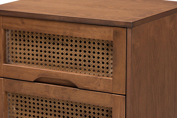 Baxton Studio Nura Mid-Century Modern Walnut Brown Finished Wood and Rattan King Size 3-Piece Bedroom Set