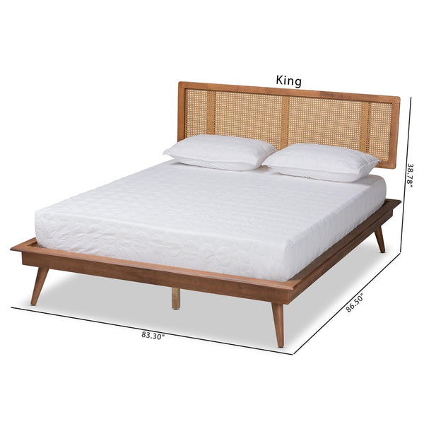 Baxton Studio Baxton Studio Nura Queen Platform Bed - Mid-Century Modern Walnut Finish & Rattan Headboard Design Nura-Ash Walnut Rattan-Queen