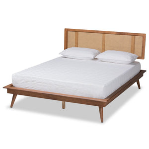 Baxton Studio Baxton Studio Nura Queen Platform Bed - Mid-Century Modern Walnut Finish & Rattan Headboard Design Nura-Ash Walnut Rattan-Queen