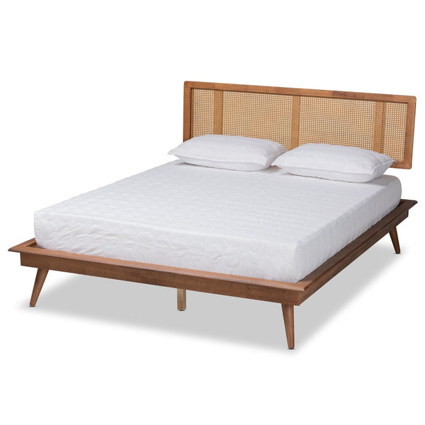 Baxton Studio Baxton Studio Nura Queen Platform Bed - Mid-Century Modern Walnut Finish & Rattan Headboard Design Nura-Ash Walnut Rattan-Queen