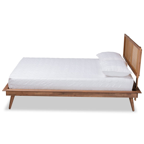 Baxton Studio Baxton Nura Mid-Century King Size Platform Bed with Walnut Finish & Rattan Headboard for Cozy Elegance Nura-Ash Walnut Rattan-King