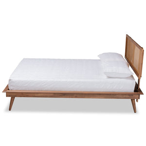 Baxton Studio Baxton Studio Nura Queen Platform Bed - Mid-Century Modern Walnut Finish & Rattan Headboard Design Nura-Ash Walnut Rattan-Queen