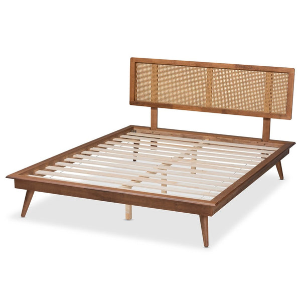 Baxton Studio Baxton Nura Mid-Century King Size Platform Bed with Walnut Finish & Rattan Headboard for Cozy Elegance Nura-Ash Walnut Rattan-King